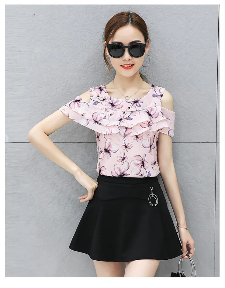Blusas Femininas 2018 Women Open Shoulder Tops Female Casual Short Sleeve Chiffon Blouses Print Floral Shirts Ladies Tops (4)