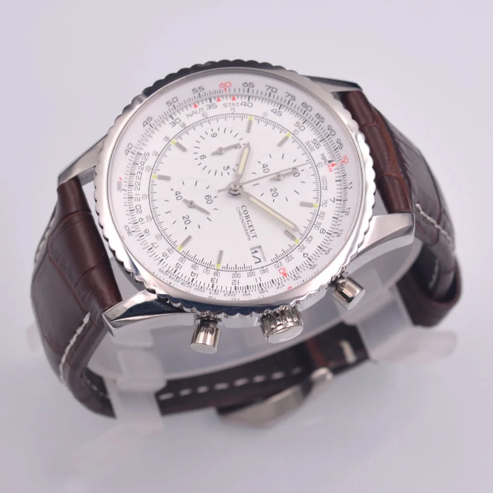 Новый 46 мм Corgeut Белый кварцевые спортивные часы мужские часы Полный Хронограф КОЖА