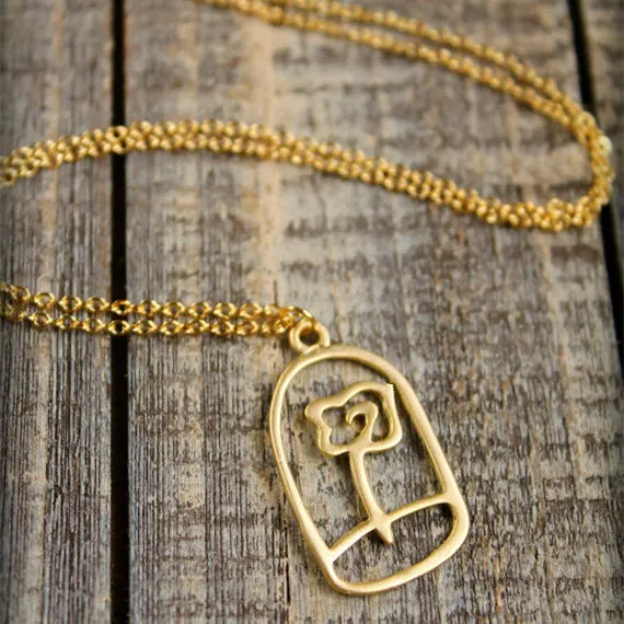 Beauty and the Beast Necklace Enchanted Rose in Terrarium Little Prince Rose Pendant Necklace Le Petit Prince Flower Symbol Neckalces Fairy Tale Victorian Jewelry