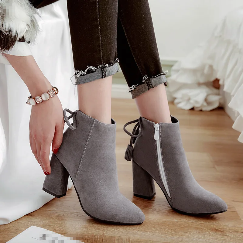 

YMECHIC 2018 Ladies Autumn Short Ankle Boots Female Butterfly-knot Block High Heel Shoes Woman Black Beige Gray Plus Size Bootie