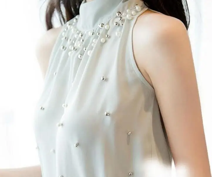 Летняя женская шифоновая блузка без рукавов, украшенная бусинами, Офисная Женская водолазка с жемчугом, корейские женские топы, большие размеры, S-3XL, розовый/белый
