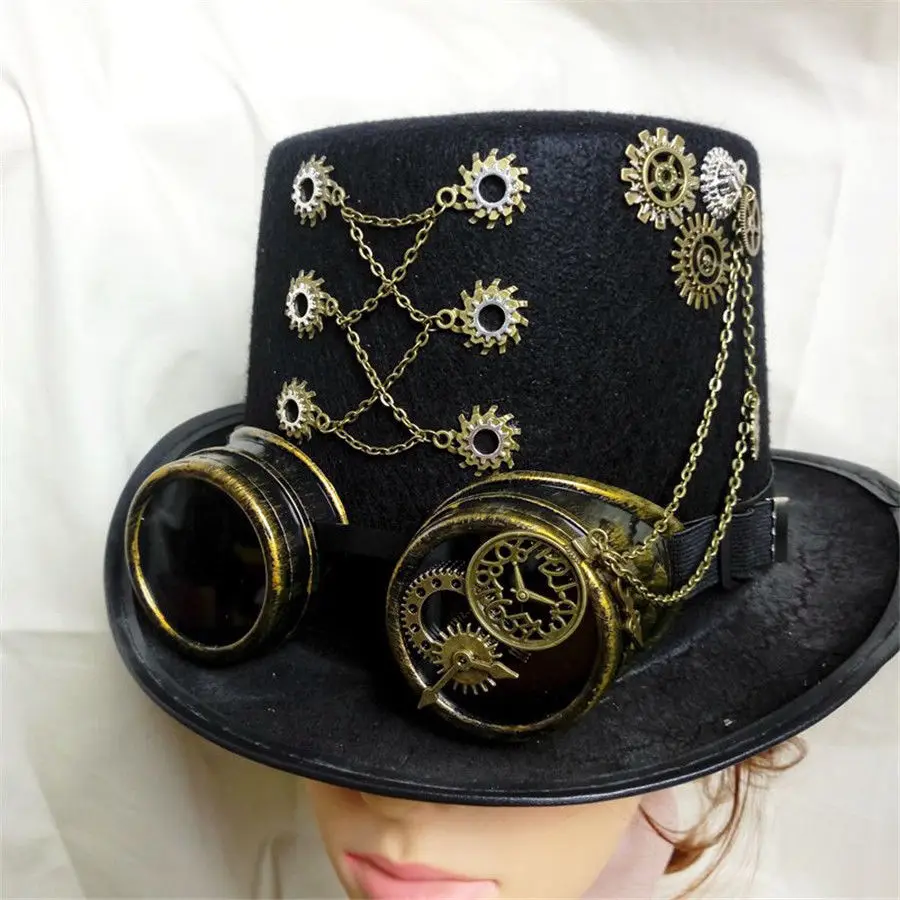 Vintage Steampunk Gear With Gothic Glasses Top Hat Punk Unisex Party Black Hat