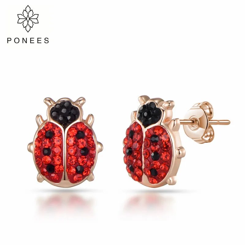 

PONEES Cute Rhodium Plating Animal Ladybug Earrings For Women Girl Adorable Insect Ladybird Stud Earrings Fashion Jewelry