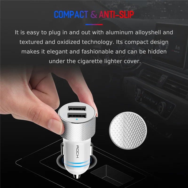 Автомобильное зарядное устройство ROCK 5V 2.4A Mini с двумя usb портами быстрая зарядка