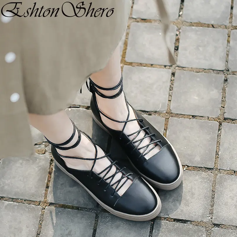 

EshtonShero Women's Flats Shoes Woman Cow Leather+PU Flat Heels Round Toe Cross-strap Black Ladies Loafers Shoes Size 34-39