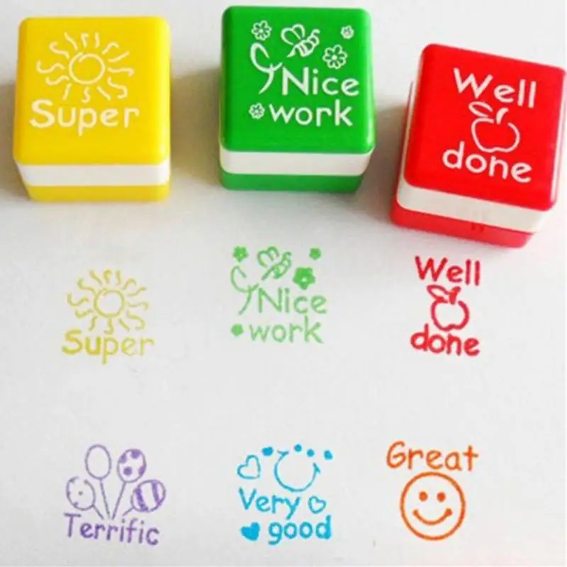 

2018 New Arrivials 6pcs Square Shaped Stamps Specified ABS Teachers Comments Cute Cartoon Stamp Set For English Teacher Comments