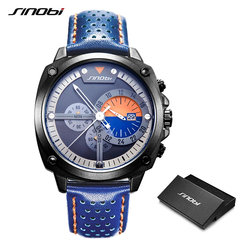 SINOBI мужские часы, креативные водонепроницаемые часы с хронографом, синие кожаные военные часы, мужские японские кварцевые наручные часы