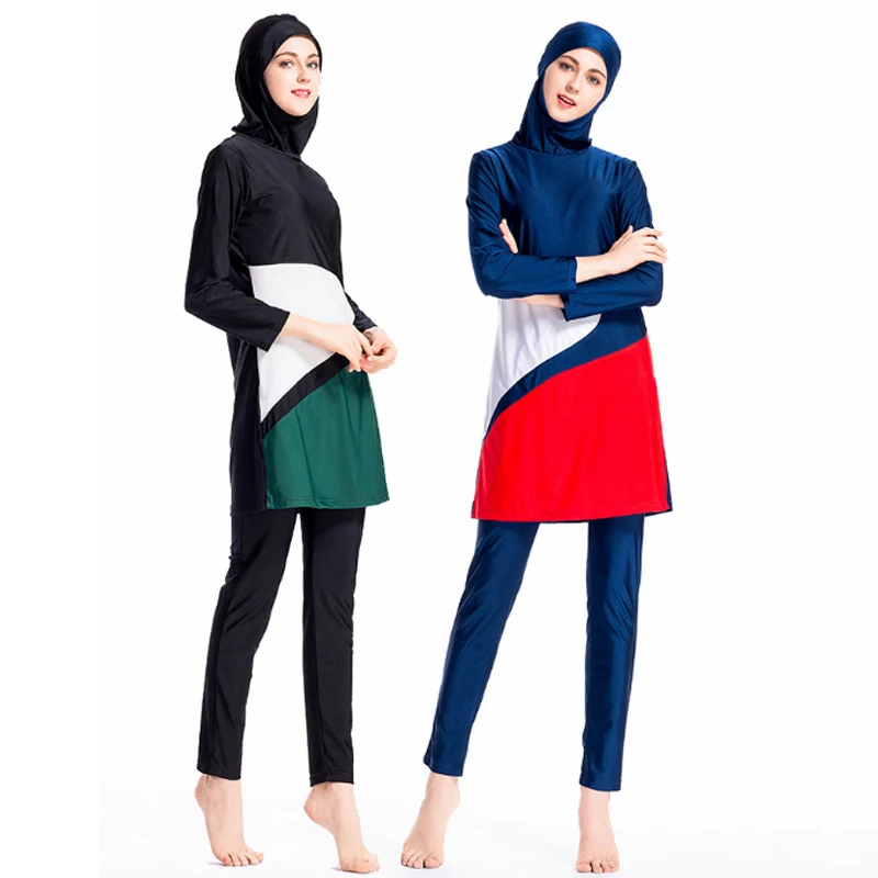 2021 Modest Muslim Swimwear Women Islam Three Piece Full Cover Islamic Swimsuit Long Sleeve Hit Color Plus Size Hijab Beachwear | Спорт и