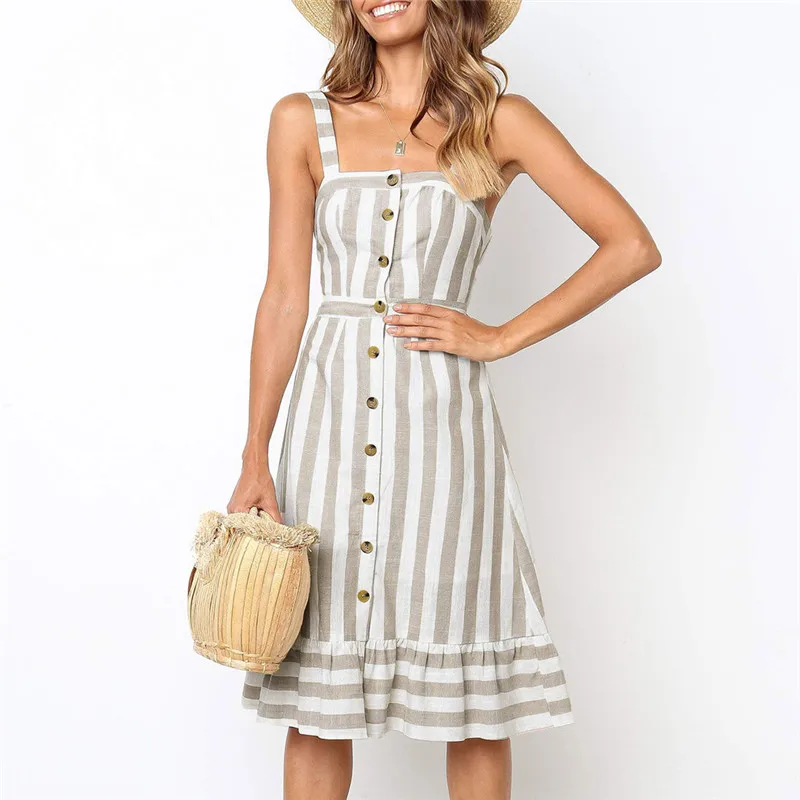 

Summer Dress Fashion Womens Button Camis Backless Hollow Out Bow Bandage Stripe Knee-Length Dress New Sexy Casual Dress Vestido