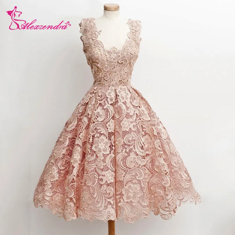 

Alexzendra Pink Lace Short Knee Length Prom Dresses V Neck Party Dresses Customized
