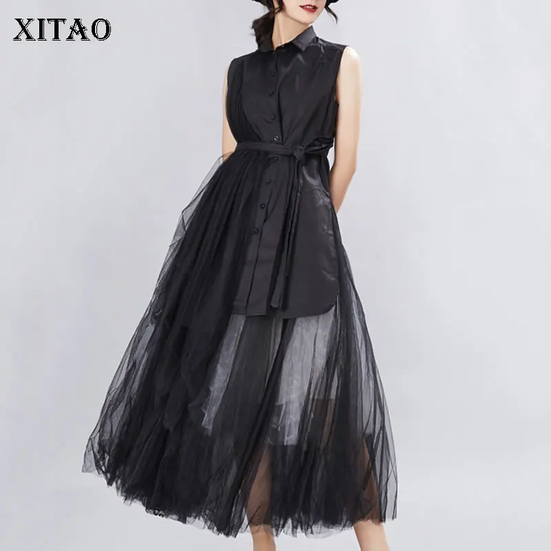 

XITAO Irregular Mesh Splice Black Mini Dress Summer Clothes for Women Sleeveless Sashes Street Turn Down Collar Simple WBB4372