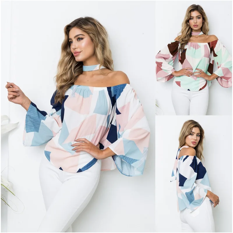 

Basic Fashion Floral Printed T-Shirt One Shoulder Trumpet Sleeve Neckerchief Plus Size Loose Long Sleeve Women Clothing