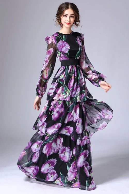 Женское длинное платье-тюльпан LD LINDA DELLA, подиумное винтажное многоярусное платье макси с длинным рукавом, с цветочным принтом, весна