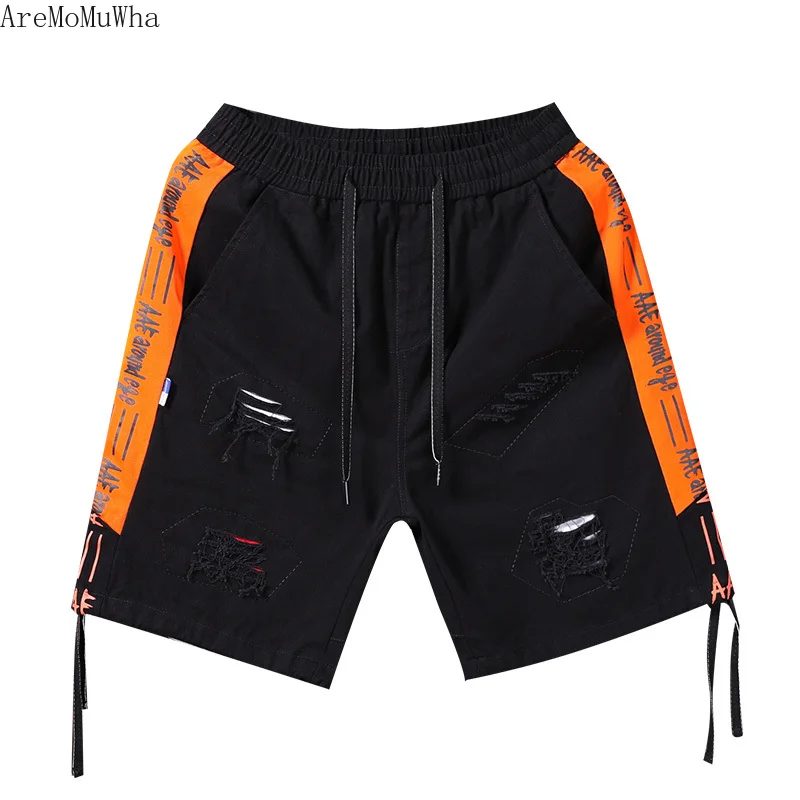 AreMoMuWha уличный хип хоп отверстие шлифовальные мужские брюки против цвета буквы укороченные брюки на шнурке пять шорты прямые шорты