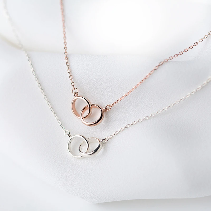 

925 Sterling Silver Pure Real Silver S925 Double Round Pendant Rose Gold Necklace for Women Cute Fine Jewelry Women's Jewellery