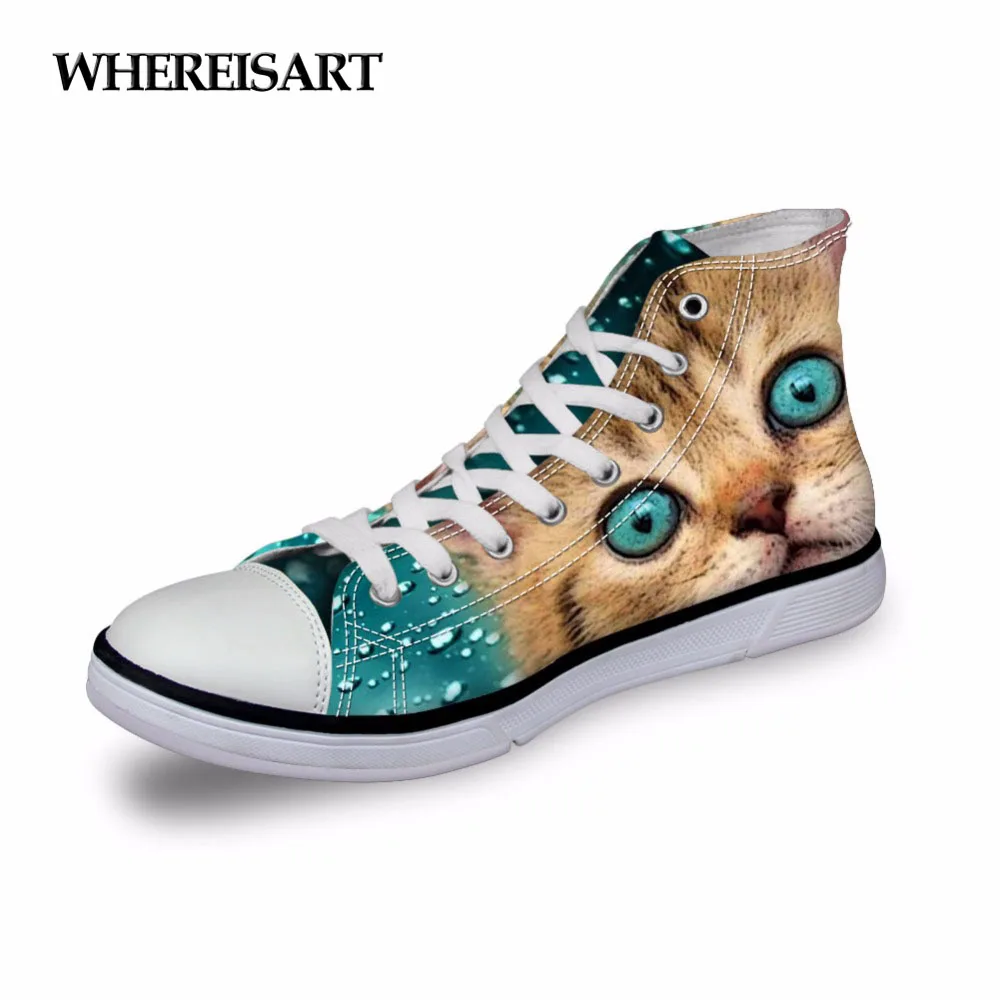 

WHEREISART High Top Sneakers Women Vulcanize Board Shoes Cats Animals Print Canvas Girls Lace-up Trainers Tenis Feminino Casual