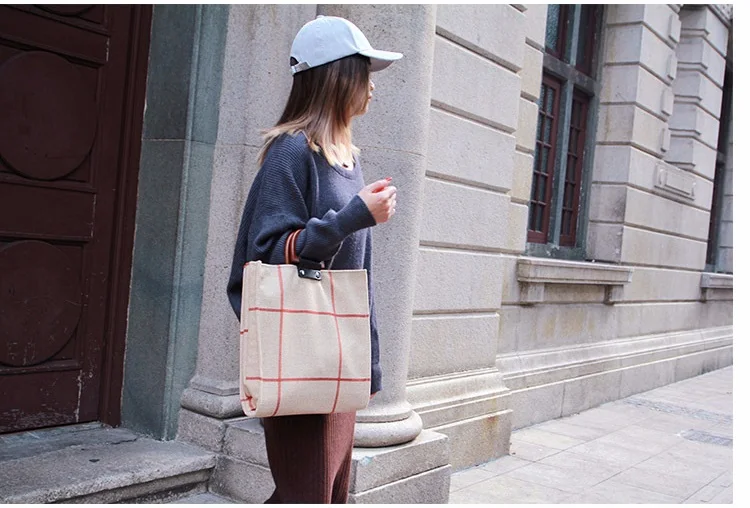 MJ Women Plaid Canvas Tote Casual Beach Bags Big Capacity Women Shopping Bag Daily Use Canvas Handbag Cotton Linen Shoulder Bag (18)