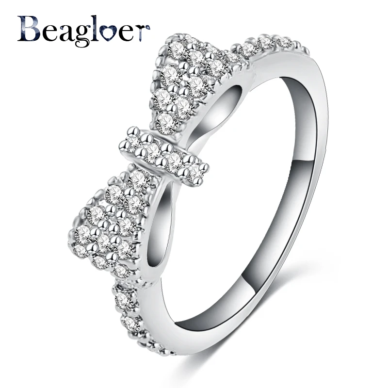 2016 New Elegant Bow Ring Platinum Plated Micro Inlay Cubic Zirconia Ring Lovers Jewelry Accessories Ring for Girl CRI0143-B