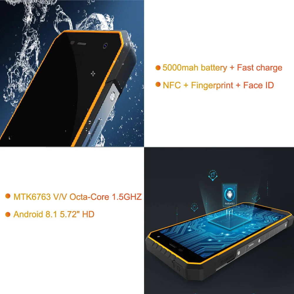 Ному S50 PRO IP69 Водонепроницаемый мобильных телефонов Android 8,1 5,7" HD+ Octa Core MTK6763 4 GB 64 GB NFC FACE ID 16MP 5000 mah смартфонов