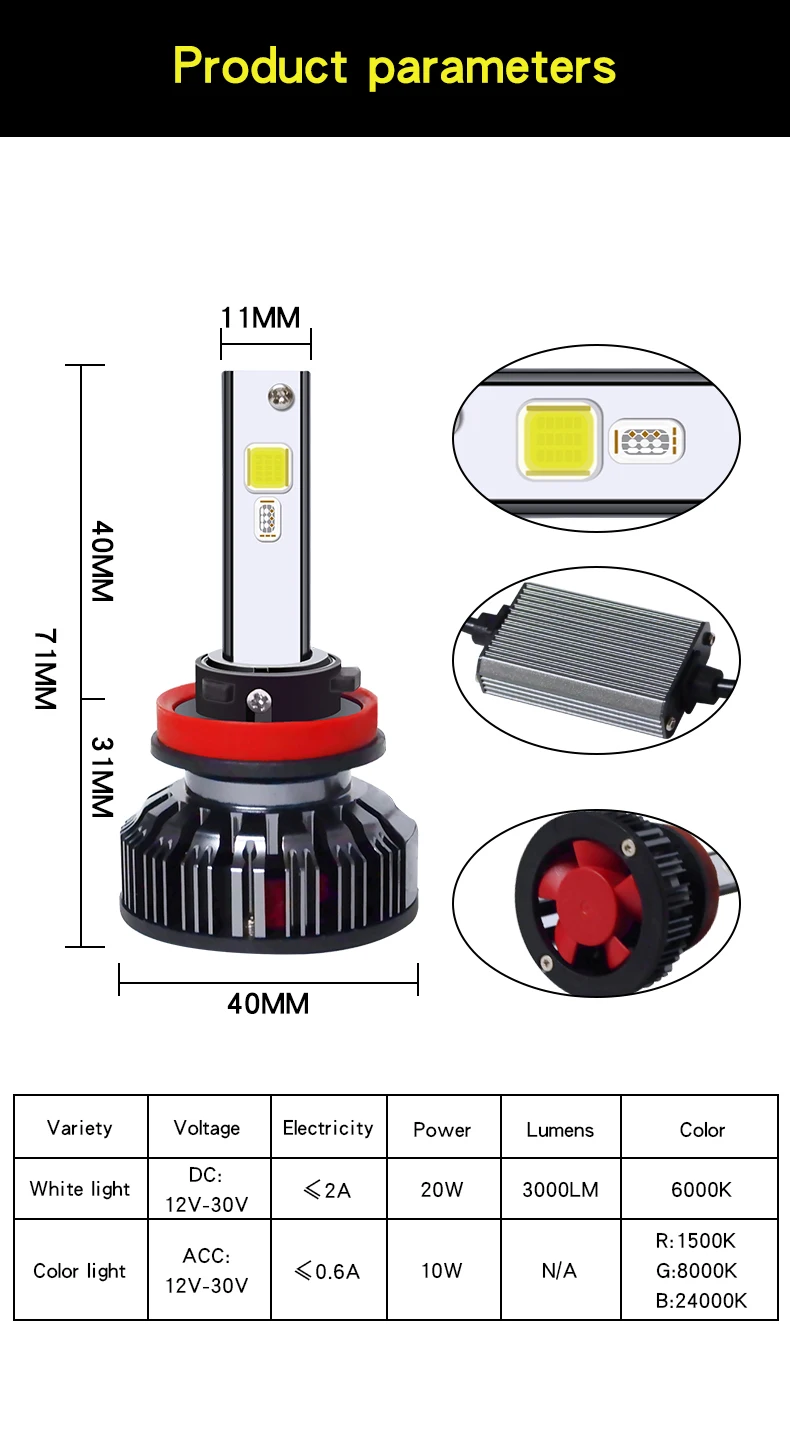 2 шт. автомобиль RGB светодиодный фар H1 H3 H4 H7 H8 H11 9005 9006 H13 9012 5202 светодиодный лампы приложение Bluetooth Управление многоцветные 40 Вт 6000LM