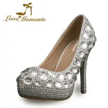 Love Moments Crystal Bride Dress Shoes rhinestone handmade silver high heels platform wedding party bridesmaid shoes women pumps