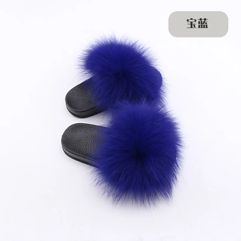 Wholesale Real Fox Slippers Kids Rainbow Neon Color Toldder Fur Child Home Slides Girls Raccoon Super Fluffy Cute Flat Summer