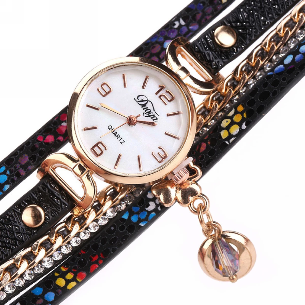 Women's Crystal Rhinestone Leopard Leather Chain Wrap Bracelet Wrist Watch