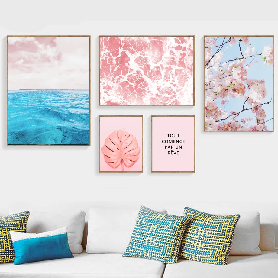 Pink Girls Room Decor Blue Sea Green Leaves Flowers Canvas Painting Nordic Home Decoration Posters And Prints Wall Art Picture Painting Calligraphy Aliexpress
