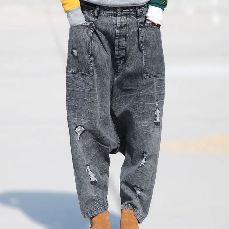 Женские брюки в японском стиле женские мешковатые джинсы бойфренд повседневные низкое падение Брюки с широкой промежностью джинсовые штаны шаровары G083101