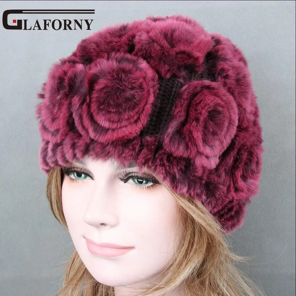 Glaforny вязаное изделие из натурального кроличьего меха вязаная шапка с цветами зимний милые дамы Кепки OEM / - Цвет: purple