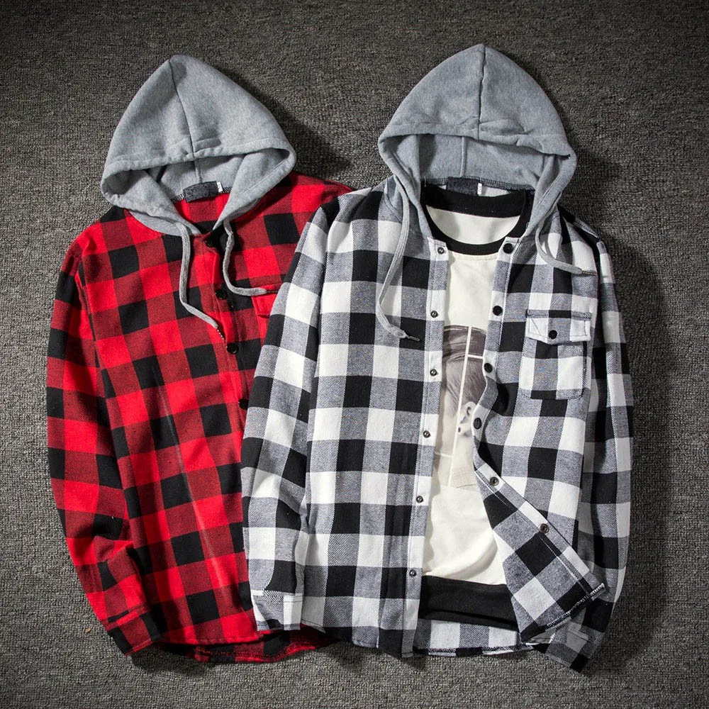 FREE OSTRICH hoodies Tracksuit Men's Autumn Casual Plaid Shirts Long Sleeve Pullover Shirt Top Hooded Blouse Sportswear