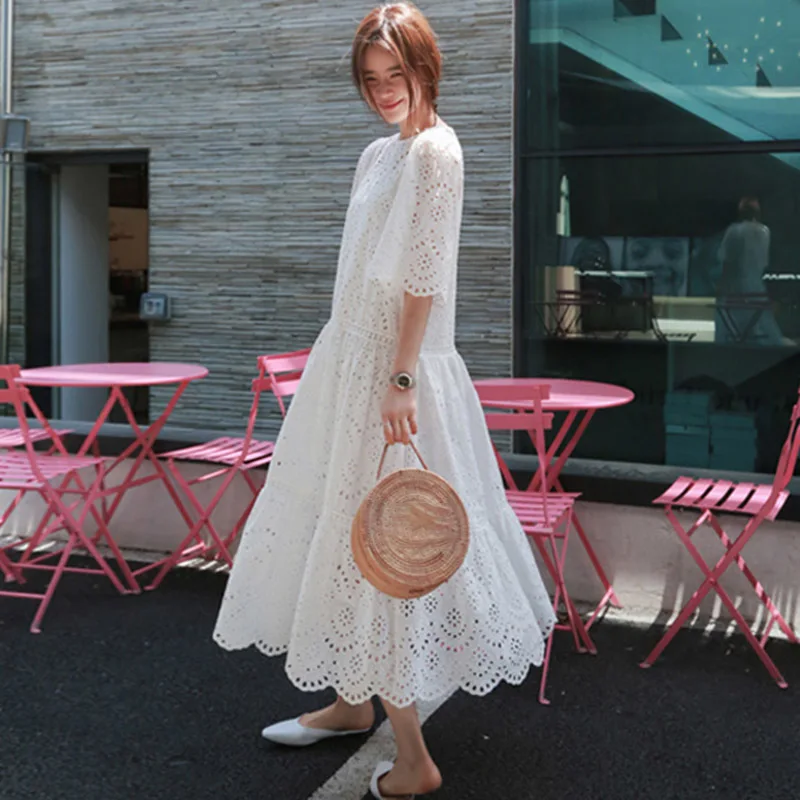 Price TWOTWINSTYLE Hollow Out Dress Summer Oversize Big Hem Elegant Beach Dress Female With Spaghetti Strap Dresses 2019 Sweet Clothes