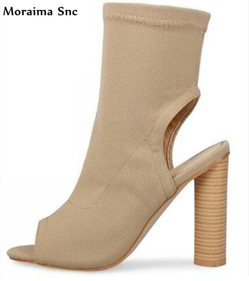 

Moraima Snc Spring Autumn women riding boots peep toe platform high heel slingback strange style mid-calf party shoes