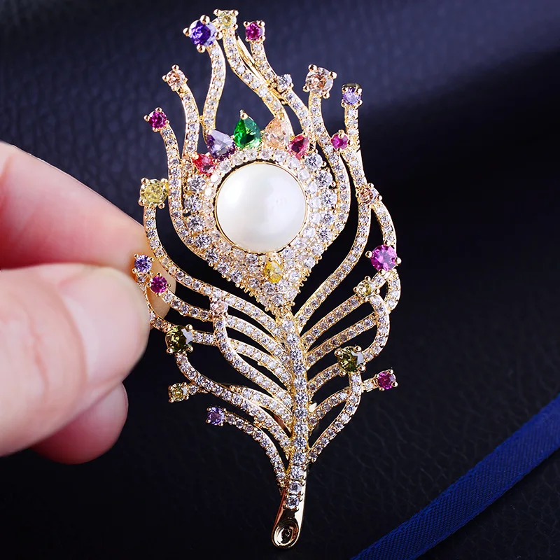 Elegant Cubic Zircon Pearl Feather Brooch Pin Women Party Bridal Wedding Jewelry 3175 | Украшения и аксессуары