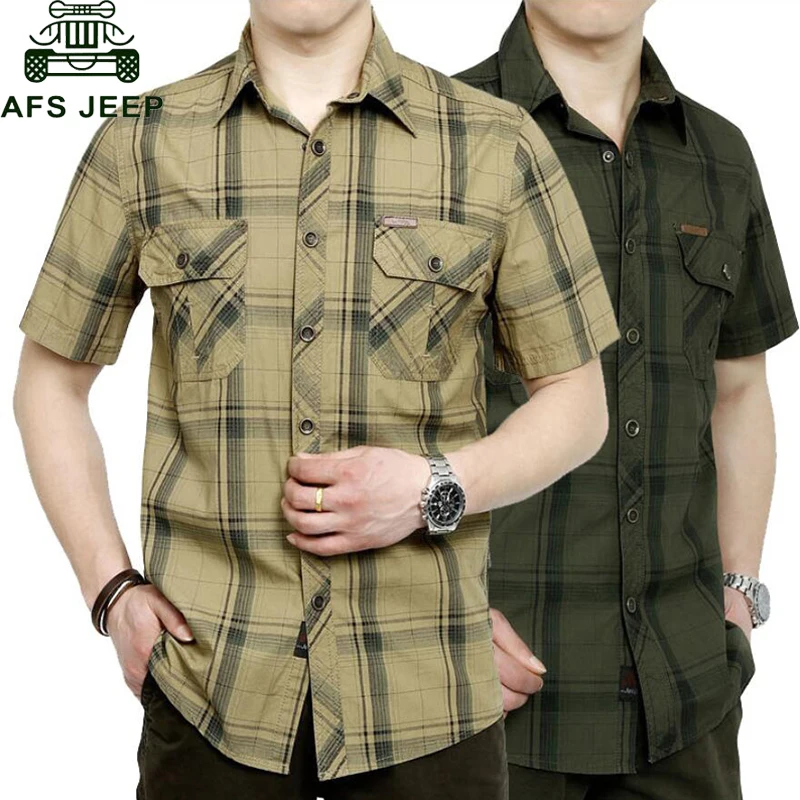 AFS JEEP ماركة الجيش العسكرية قميص الرجال الصيفية 2018 100% القطن منقوشة كم قصير رجال قمصان زائد حجم 4XL 5XL Camisa masculina