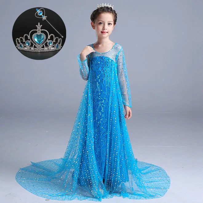 

Sequined Lace Blue Mesh Cartoon Elsa Snow Queen Carnival Party Costume for Kids Princess Dress Girls Long Sleeve 2018