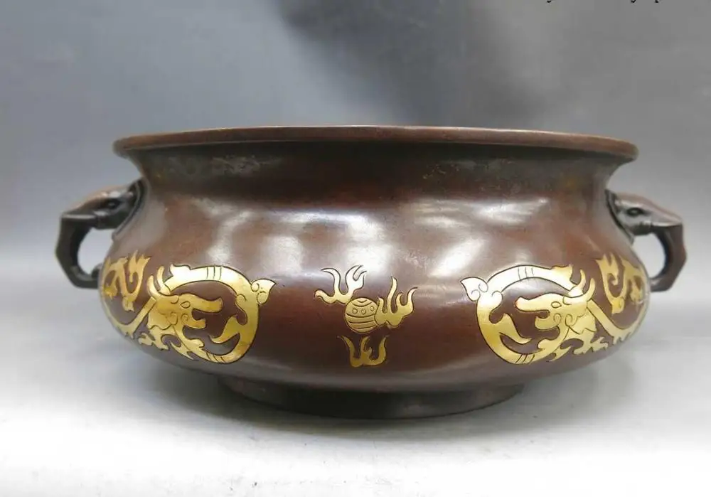 

11" China pure fine red copper gild censer two dragon play bead incense burner