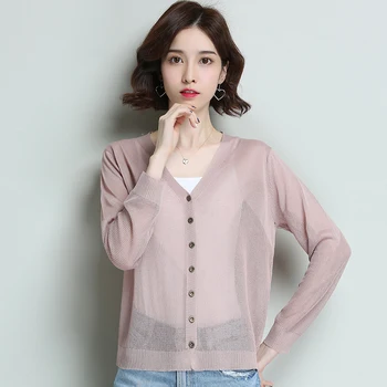 

Spring and summer new Loose large size women's Knitted Cardigans Long sleeve Thin coats Casual V-Neck Short Sweaters women