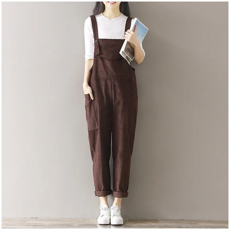 Women's Jumpsuit Belt Pants Pocket black Spring New Corduroy Trousers Carts Loose Size See And Literary College Large Casual Windy gray f6654
