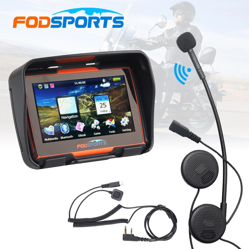 Bluetooth-гарнитура+ Fodsports 4,3 дюймов Moto gps навигатор Водонепроницаемый Bluetooth gps-навигатор для мотоцикла 256 M ram 8 GB Flash