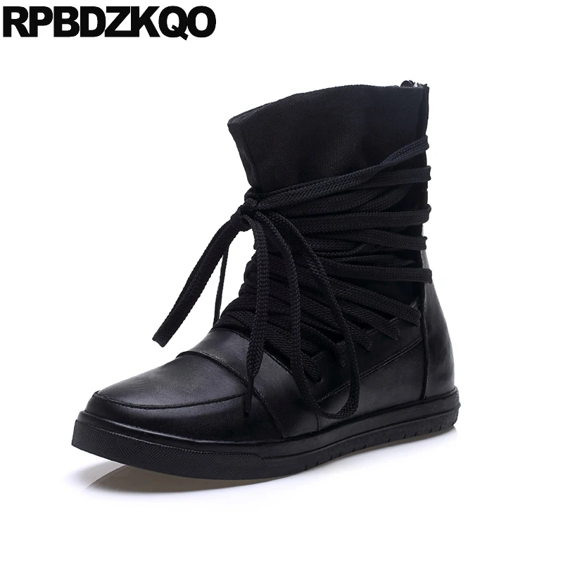 

Wide Calf Designer Slip On Trend Short Harajuku Shoes Japanese Flat Women Boots Winter 2021 Ankle Autumn Black Lace Up Female