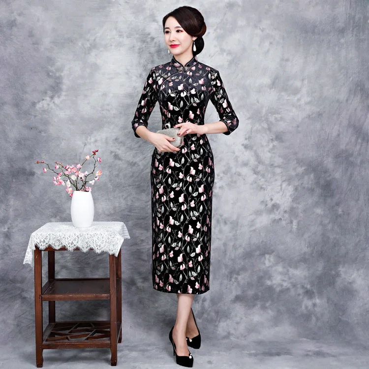 

Print Women Velvet Cheongsam Cotton Long Black Qipao Evening Gown China Oriental Dresses Traditional Chinese Wedding Cheongsams