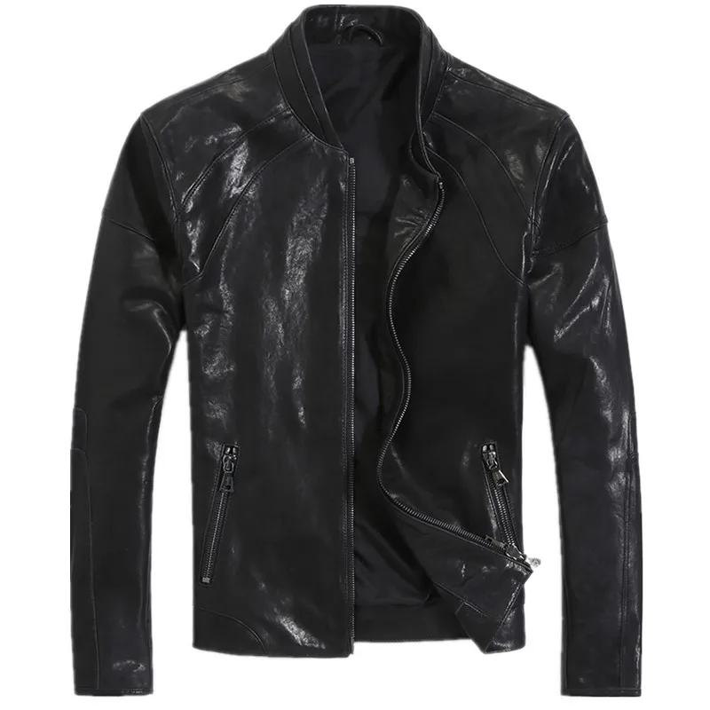 Весенне-осенняя куртка из натуральной кожи Мужская короткая куртка из натуральной овчины мотоциклетная куртка-бомбер зауженные кожаные куртки 18-012 KJ2275