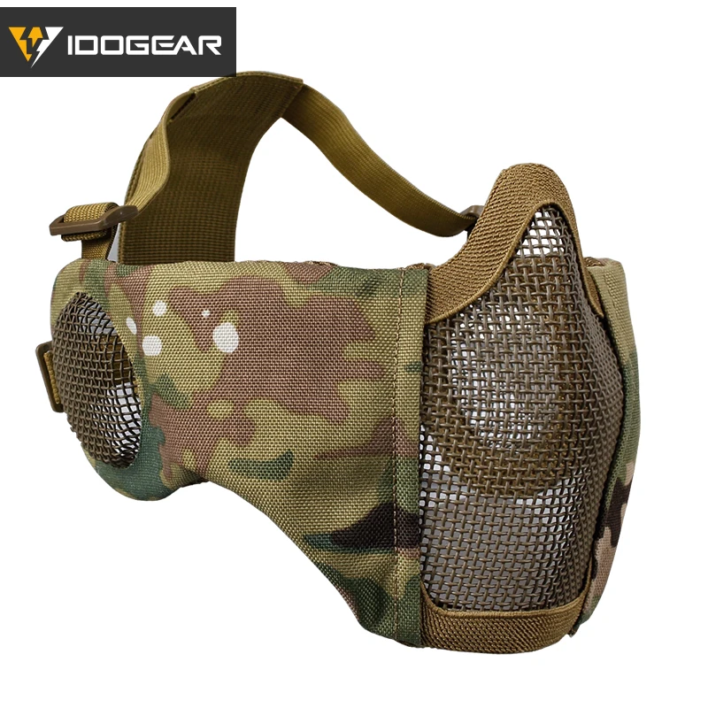 

IDOGEAR Airsoft Mesh Half Face Mask With Ear Protection Paintball Gear Adjustable Outdoor Sports Cycling Steel Tactical Mask