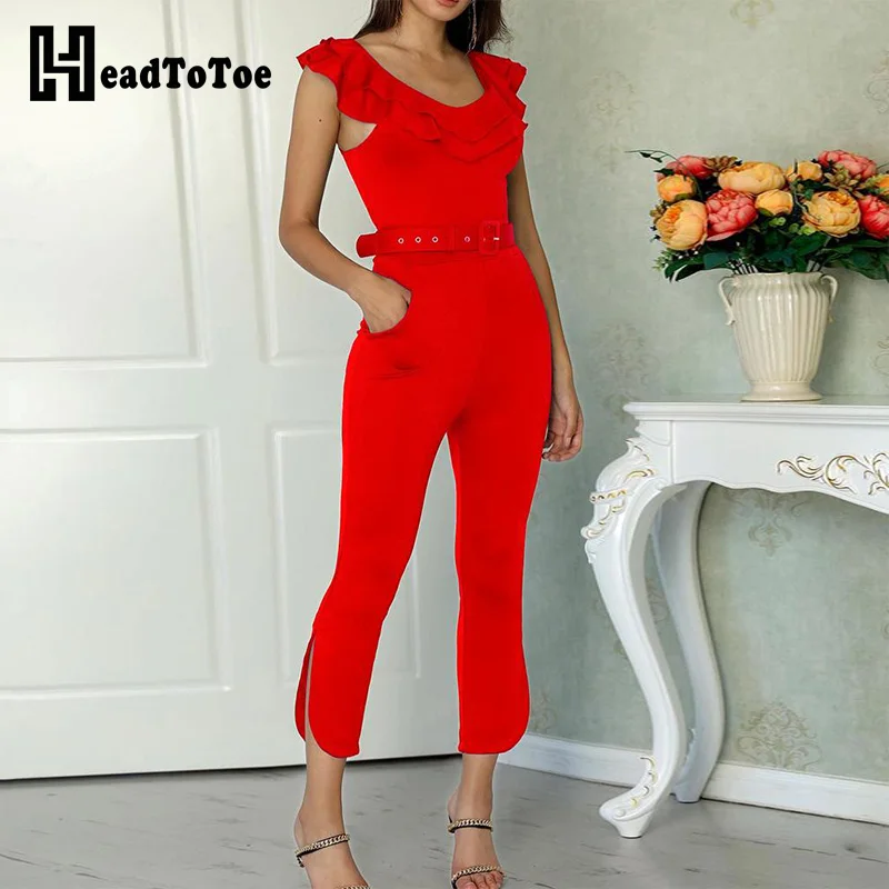 

Layered Ruffle Split Leg Slinky Jumpsuit with Pockets Women Sexy Sleeveless Off Shoulder Party Jumpsuits One Piece Overalls