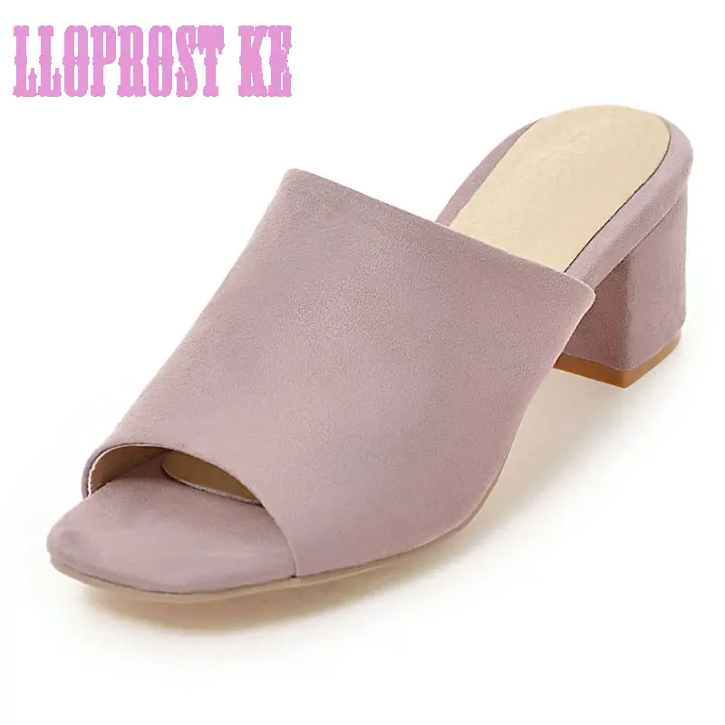 

LLOPROST KE Flock Mules Summer Med Heels Female Shoes Women Sandals Slip On Slides Pumps Fashion elegance size33-43 dwy004