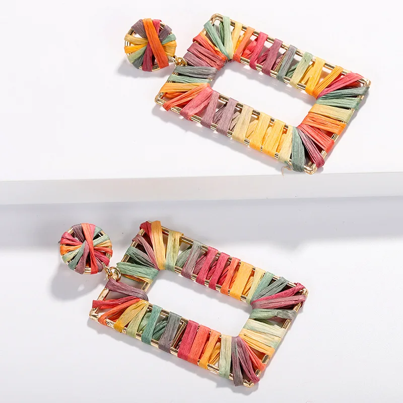 

Rainbery New Bohemian Earrings For Women Ethnic Rattan Knit Handwork Raffia Big Square Drop Earrings Wholesale