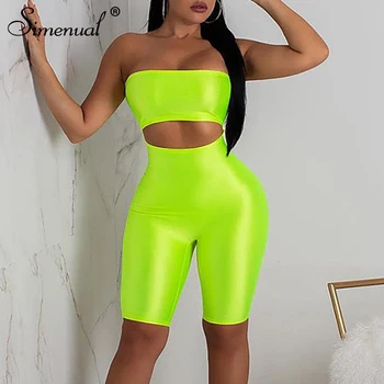 

Simenual Off shoulder cut out playsuits women wrapped chest push up biker shorts rompers neon color backless fitness jumpsuits