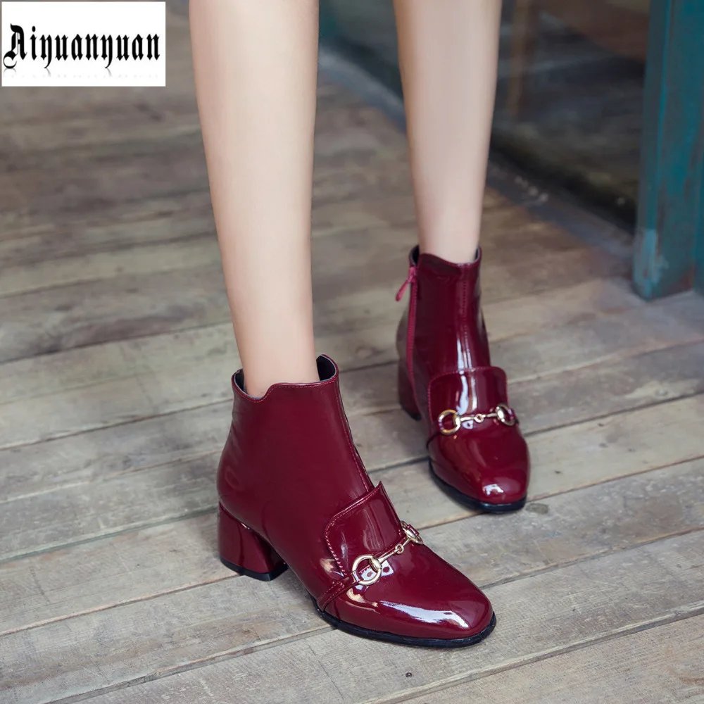 

2017 big EUR size t0 40 41 42 43 44 45 46 47 hot sale square toe lady PU Patent Leather ankle boots most countries FREE SHIPPING