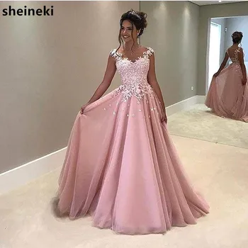 

2019 Vintage Cheap Pink A Line Long Prom Dresses Lace Appliqued Sleeveless Sheer Back Evening Dresses Formal Party Gowns Dresses
